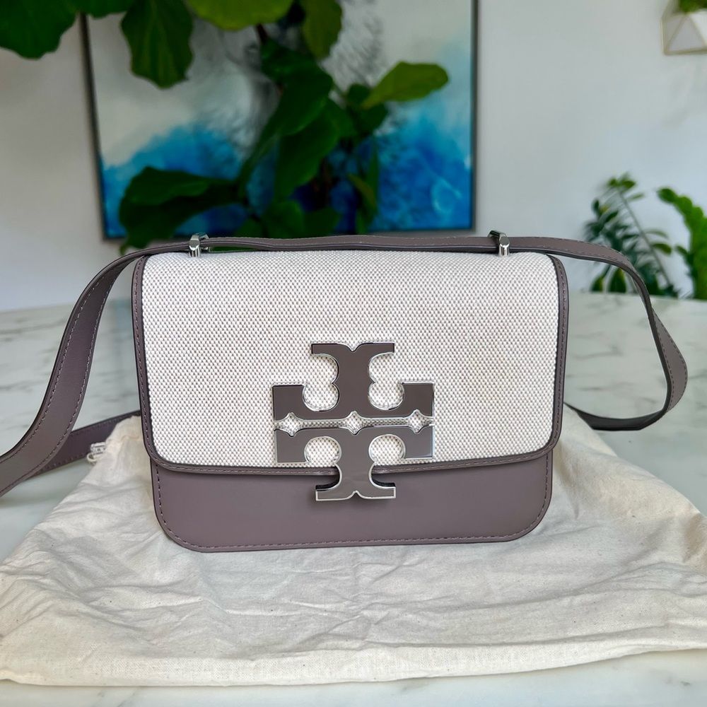 Nwot Tory Burch Eleanor Small Canvas Convertible Shoulder Bag Clam Shell Taupe